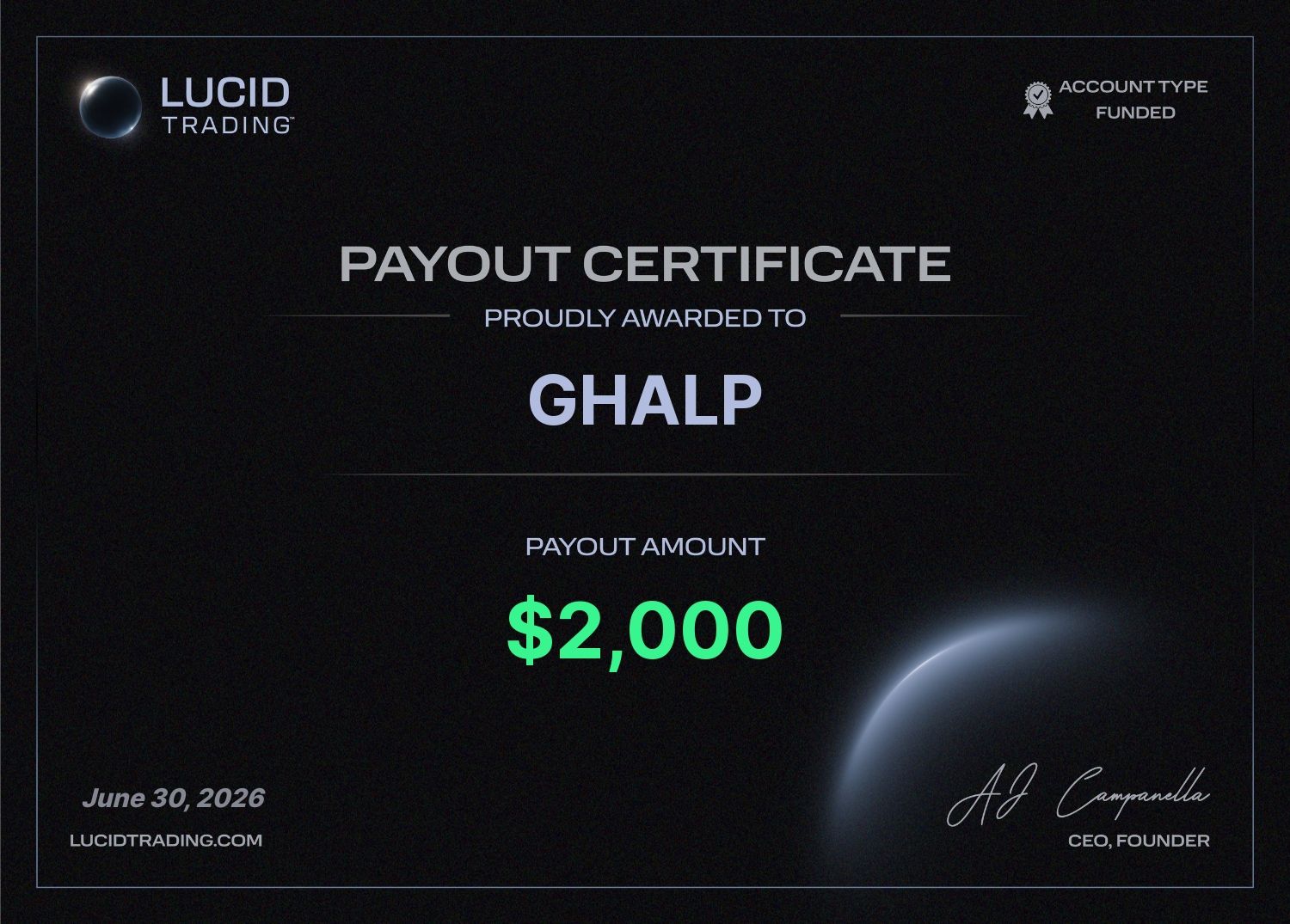 תעודת תשלום Lucid Trading על סך 2,000 דולר