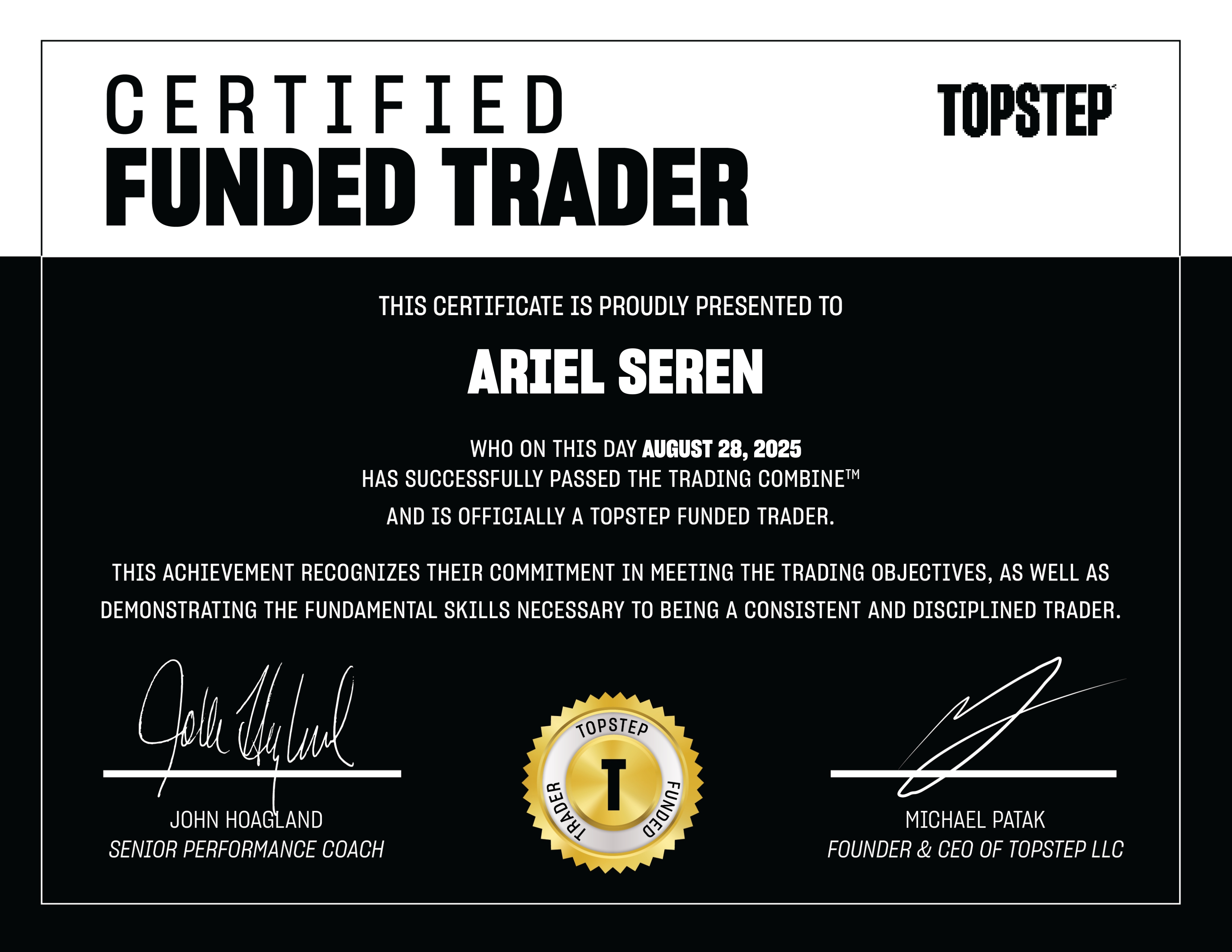 תעודת Certified Funded Trader מחברת TopStep על שם אריאל סרן